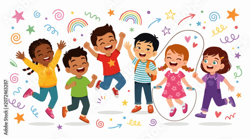 Konstfotografi Diverse group of happy cartoon children jumping and playing with jump rope, surrounded by colorful stars, rainbows, and swirls, capturing fun childhood activity and energetic play