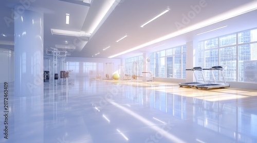 Modern Fitness Studio Interior with Bright Natural Light and City Views for Health and Wellness Promotion
