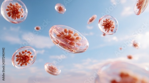 Abstract depiction of floating cells against a clear blue sky with clouds, showcasing biological structures and vibrant details