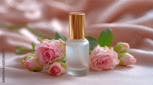 Delicate Glass Bottle on Soft Fabric with Pink Roses and Green Leaves for Natural Beauty Theme