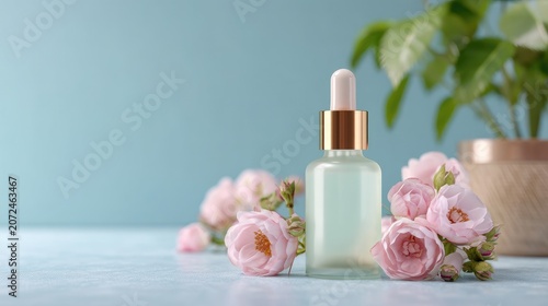 Elegant glass dropper bottle with essential oil and fresh pink roses on soft blue background