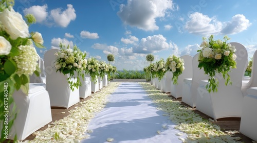 Beautiful Outdoor Wedding Ceremony Setup with White Floral Arrangements and Clear Blue Sky