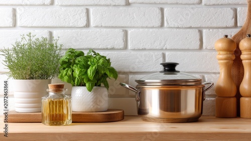 Fresh Herbs and Cooking Utensils on Wooden Kitchen Counter with White Brick Wall