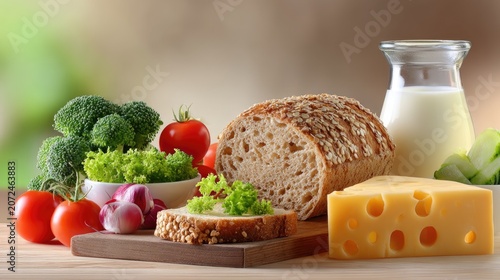 Fresh Vegetables, Whole Grain Bread, Smooth Cheese, and Milk on Wooden Table in Natural Light