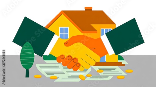 House purchase agreement with handshake and real estate partnership