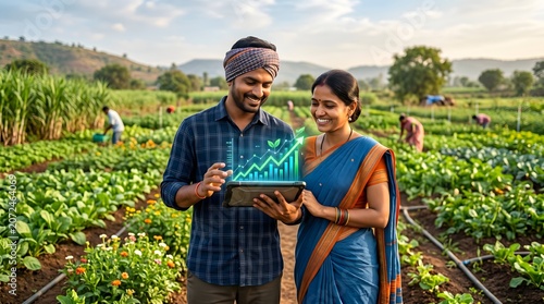 Indian Farmers Using Digital Tablet for Smart Agriculture Growth Analysis