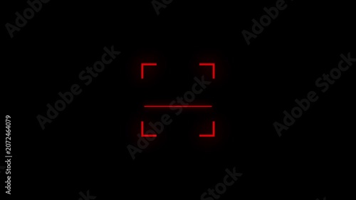 Neon red camera viewfinder, glowing lines, black background, photography symbol