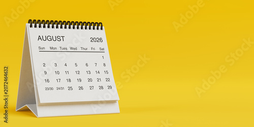 White Desk Monthly August 2026 Business Calendar. 3d Rendering