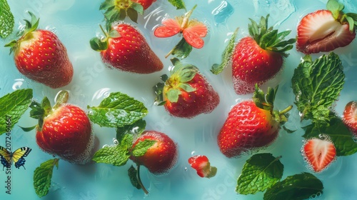 Floating strawberries, mixed with mint leaves and tiny butterflies