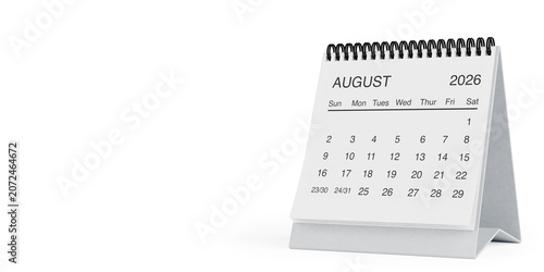 White Desk Monthly August 2026 Business Calendar. 3d Rendering
