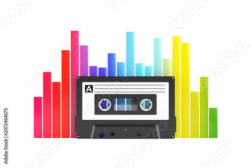 Music And Audio Technology Concept. Retro Cassette Tape Surrounded By Colorful Equalizer Bars On White Background. 3d Rendering