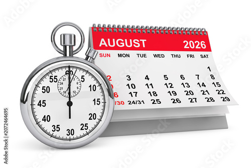 2026 Year August Calendar with Stopwatch. 3d rendering
