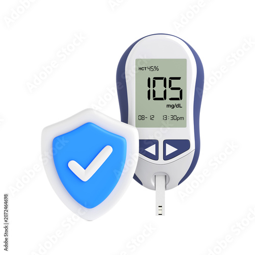 Diabetes Monitoring And Health Protection Concept. Digital Glucose Meter Showing Normal Blood Sugar Level With Test Strip And Blue Shield Checkmark. 3d Rendering