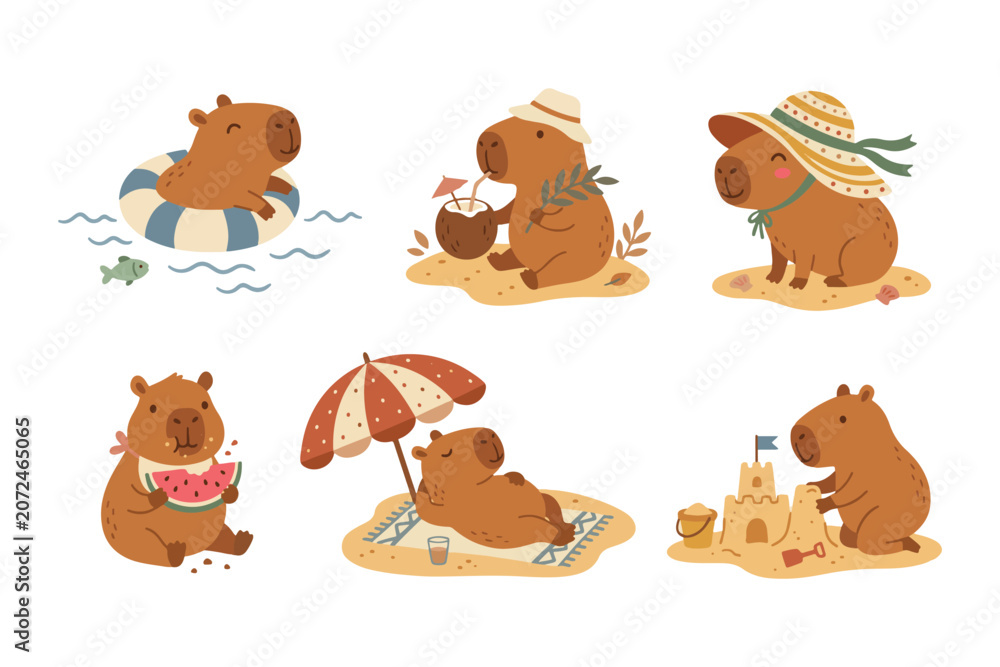 Fototapeta premium Cute capybara summer beach vacation vector illustration set. Adorable capybara character sunbathing under umbrella, building sandcastle, swimming with floatie, and drinking coconut water