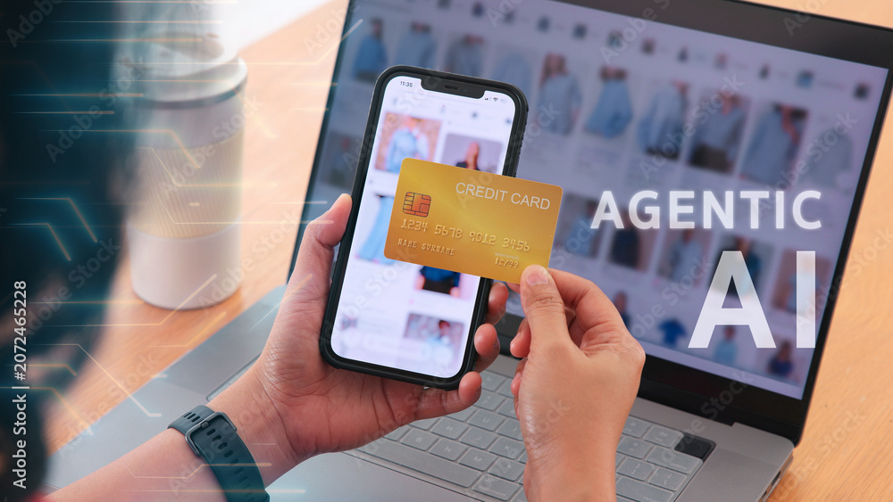 Fototapeta premium Woman using phone Agent AI app retail shop store tech auto pay buy credit card at home fintech. Modern Agentic AI bot order assisted people easy smart future life internet of things virtual wallet.