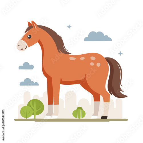 Cartoon horse standing on clover and grass