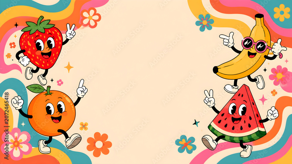 Naklejka premium Retro Cartoon Fruit Characters Dancing on a Vintage Wavy Background