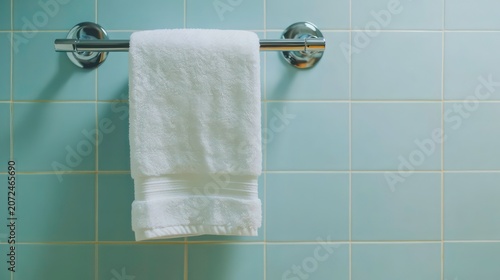 Fluffy white towel hanging on chrome rack against beige and light blue tiled wall in clean bathroom