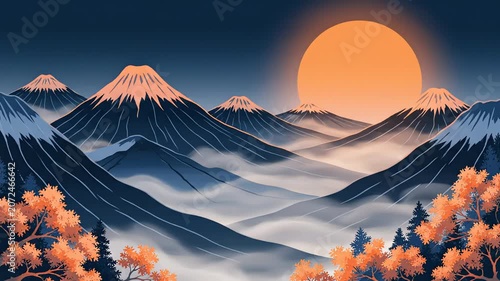 Japanese style mountain range at sunset with mist. 4K Video