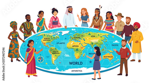 Photos Diverse people, global unity, world map, multicultural group, international rela