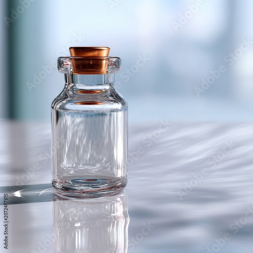 Clear Glass Bottle with Copper Lid on Reflective Surface with Soft Focus Background