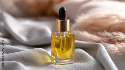 Elegant Dropper Bottle with Golden Lid and Yellow Oil on Soft Fabric Background