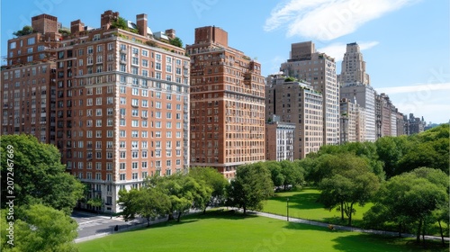 Scenic Urban Landscape with Lush Green Park and Historic Buildings Under Clear Blue Sky