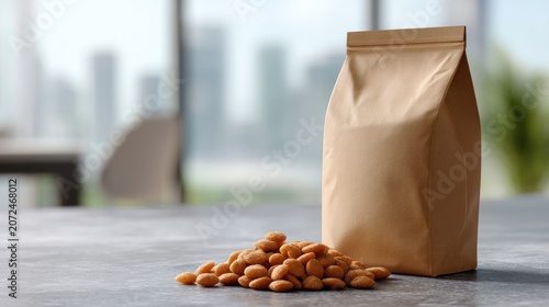 Brown Paper Bag Containing Raw Almonds on a Table with Blurred City Background and Natural Light