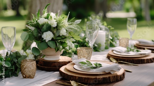 Elegant Outdoor Wedding Table Setting with Floral Centerpiece and Rustic Decor Elements