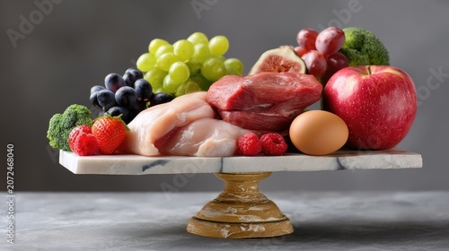 Fresh Fruits and Raw Ingredients Displayed on a Marble Stand for Healthy Cooking Inspiration