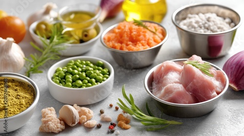 Fresh Ingredients for Culinary Creations Including Vegetables, Herbs, Meat, and Spices in a Brightly Lit Kitchen Setting