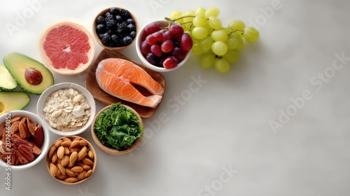 Fresh and Healthy Ingredients Arrangement on a Light Background for Culinary Inspiration and Diet Planning