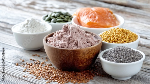 Assortment of Healthy Organic Ingredients for Cooking and Baking in Wooden Bowl on Rustic Wooden Background