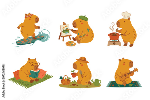 Foto Fun capybara lifestyle and creative outdoor hobbies vector illustration set