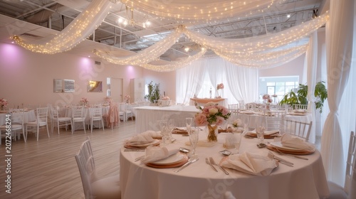 Elegant and Romantic Event Space with Soft Lighting and Floral Arrangements for Celebrations and Gatherings