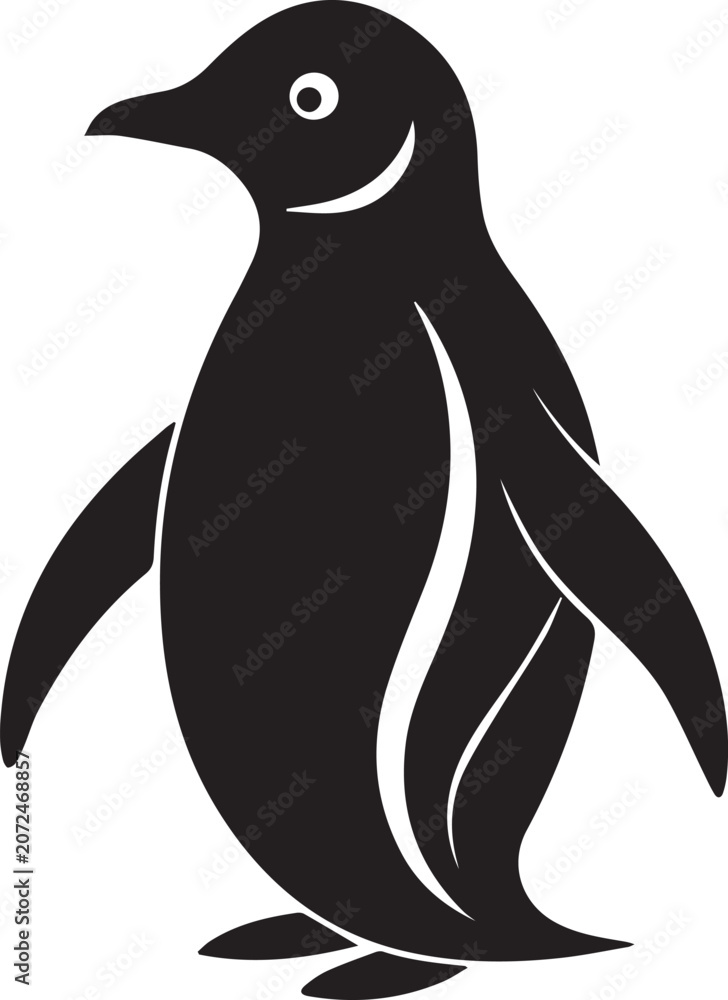 Obraz premium Stylized black silhouette of a penguin standing against a transparent checkered background.