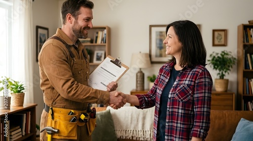 Home Repair Professional and Client Shaking Hands in Cozy Living Room Setting
