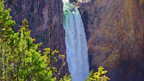 A panoramic view from Artist Point overlooks Lower Falls and the Grand Canyon of the Yellowstone in Yellowstone National Park