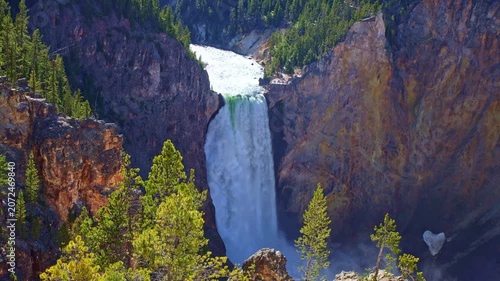A panoramic view from Artist Point overlooks Lower Falls and the Grand Canyon of the Yellowstone in Yellowstone National Park