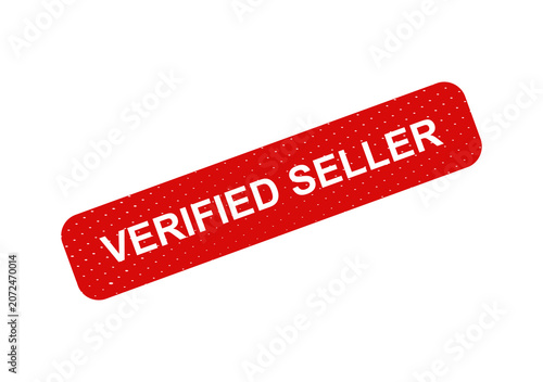 Red verified seller badge with white text isolated on transparent background