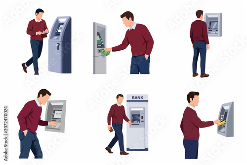 Man Using ATM Machine Set Illustration for Banking and Financial Transactions Concept