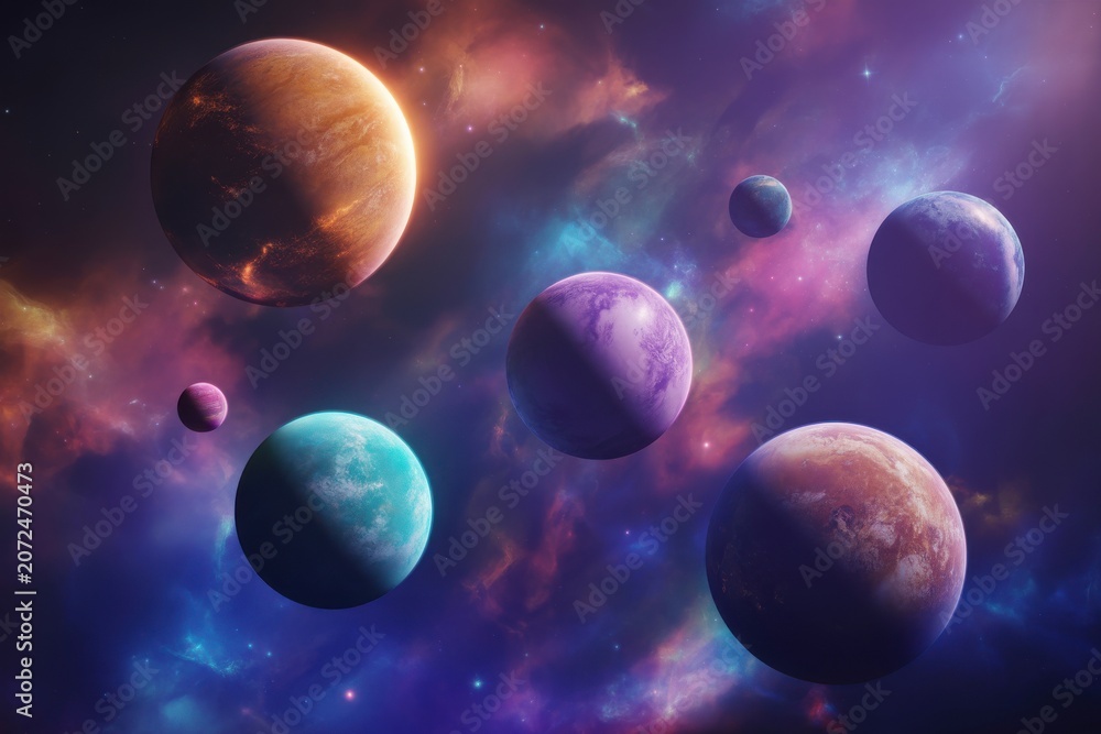 Naklejka premium Collection of diverse colorful planets and a nebula in a deep space galaxy