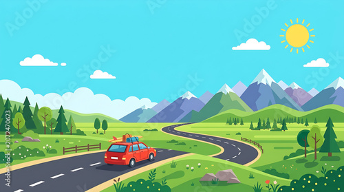 Red Car Driving on a Scenic Winding Road Through Beautiful Green Rolling Hills and Majestic Mountain Landscapes Under a Bright Sunny Summer Sky