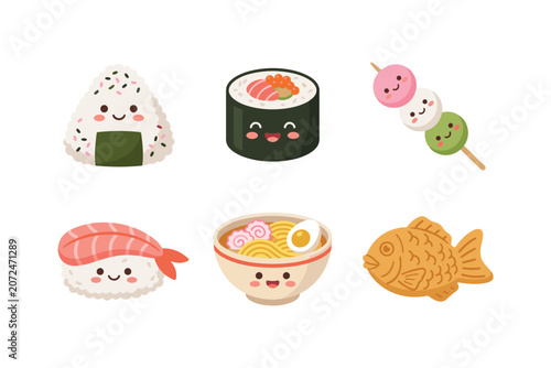 Kawaii japanese ramen noodle bowl and cute sushi vector illustration. Adorable asian food character set with onigiri, maki roll, dango, and taiyaki fish cake clip art