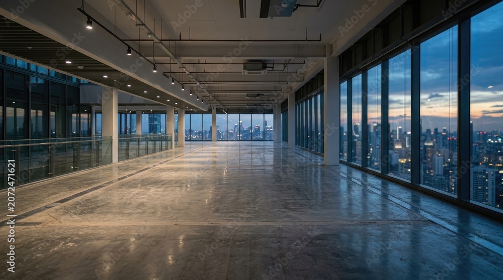 Fototapeta premium A vast, empty office space occupies a high-rise building. Large windows stretch across the entire wall, offering a panoramic view of a cityscape at twilight.