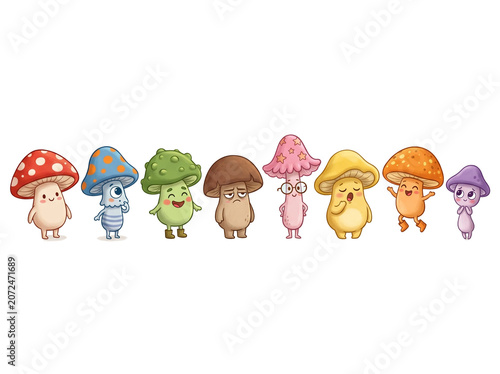 A collection of cute colorful cartoon mushrooms with diverse expressions and vibrant patterns standing in a row on a white background creating a whimsical and playful set of friendly forest fungi char