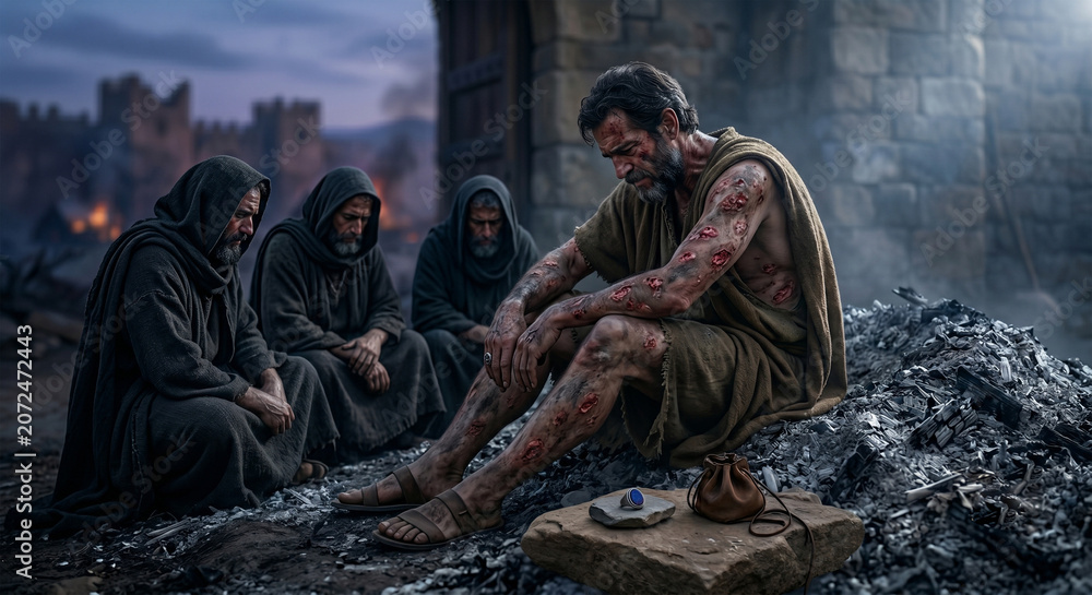 Fototapeta premium Bible, A high-contrast, atmospheric photograph of Job sitting on the ground, surrounded by his three friends who are seated a few paces away. 