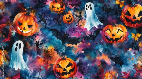 Watercolor Halloween pumpkins, ghosts, and bats on a dark background.