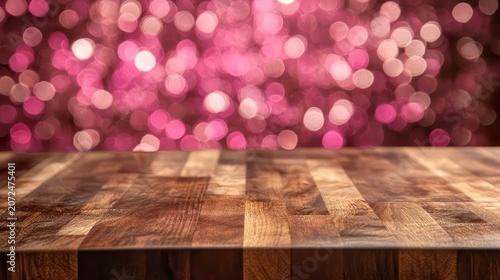 Wooden table against blurred pink bokeh background.