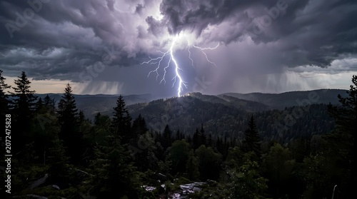 Lightning over mountain landscape with storm clouds, dramatic sky, rain, sunset light over forest, trees and cloudscape